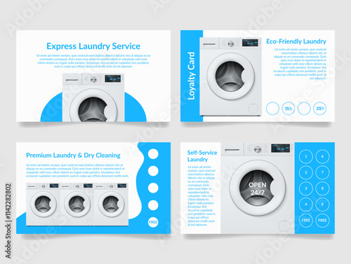 Loyalty card promoting various laundry services available at a self-service facility open all day, every day in an eco-friendly setting