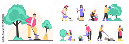 Set of characters working in the garden, including men and women trimming bushes, cutting grass, planting, digging, and watering