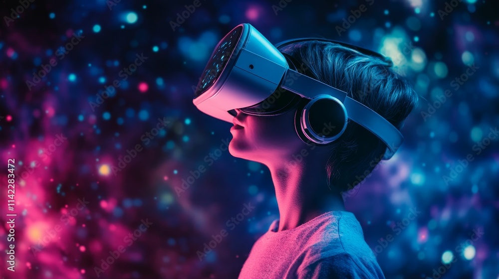 Youth explores virtual reality, neon lights glow. Youth explores virtual reality, neon lights glow.