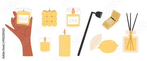 Set of relaxation candles with lemon and citrus scents, accompanied by a fragrance oil reed diffuser