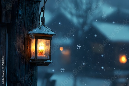 Glowing Lantern in Snowy Winter Landscape at Dusk with Snowfall