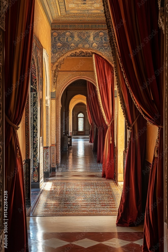 Obraz premium Ornate hallway, arched doorways, rich fabrics, sunlight.