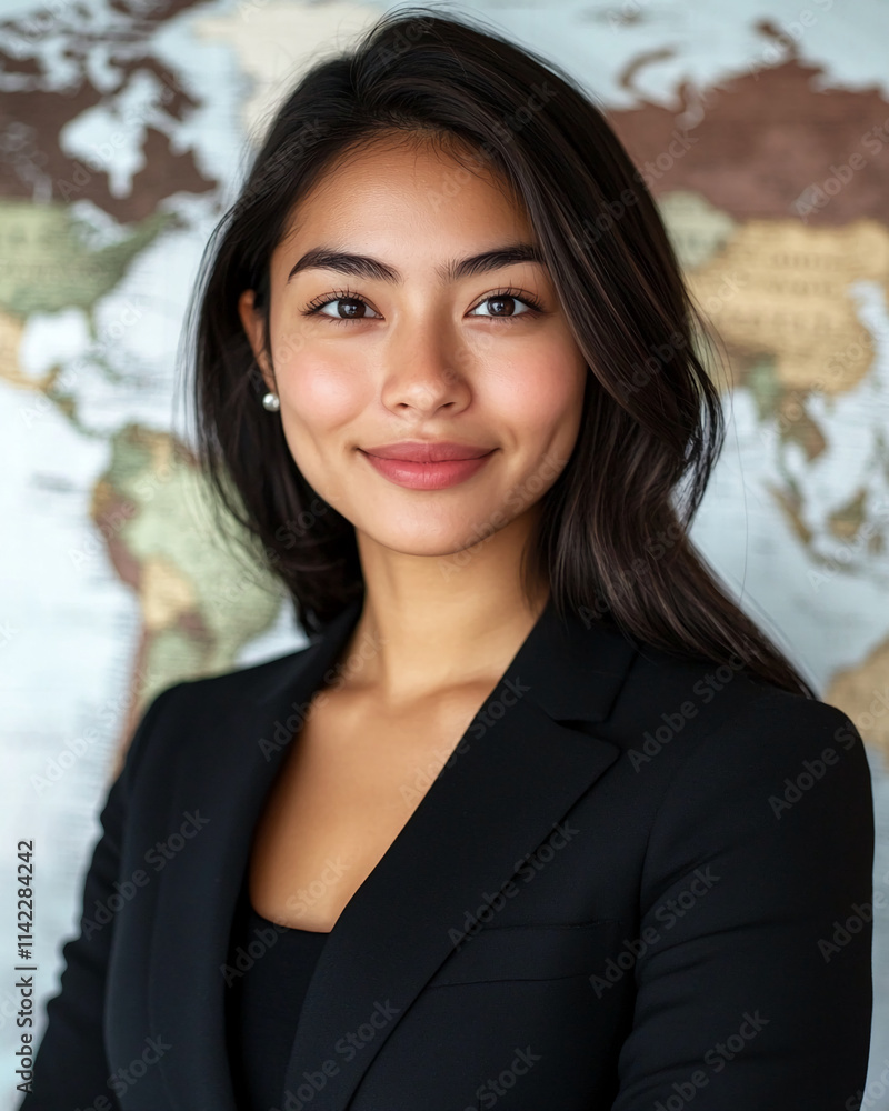 Fototapeta premium Confident woman in professional outfit poses in front of world map in office setting, showcasing global perspective