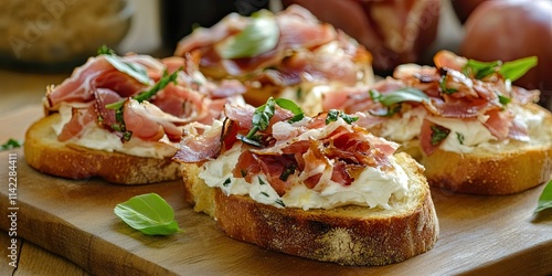 Bruschetta featuring prosciutto and cream cheese, combined with smoked bacon, creates a delightful bread experience. Enjoy this toasted bread slice topped with flavorful smoked meat and cream cheese. photo