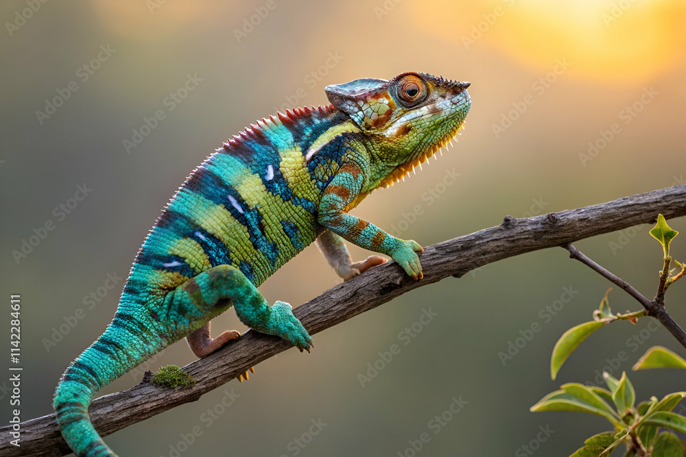 A vibrant chameleon perched on a branch, showcasing its striking green and blue colors against a warm sunset background. A vibrant chameleon perched on a branch, showcasing its striking green and blue colors against a warm sunset background.