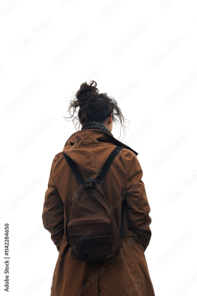 Woman in Brown Coat and Backpack - Stylish Back View