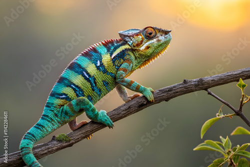 Wallpaper Mural A vibrant chameleon perched on a branch, showcasing its striking green and blue colors against a warm sunset background. Torontodigital.ca