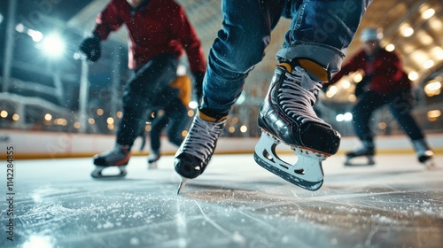 A group of people are ice skating on a rink
