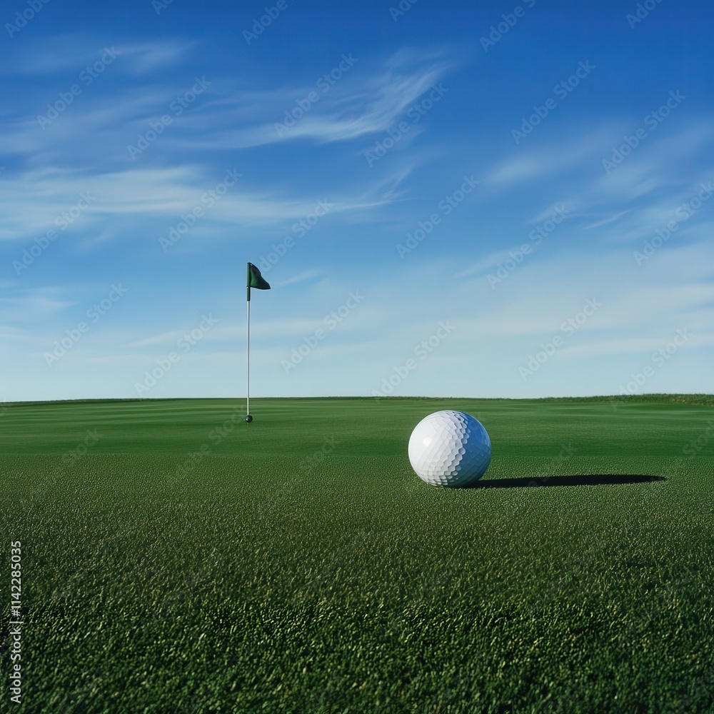 Obraz premium A white golf ball sits on a green grass field next to a flag