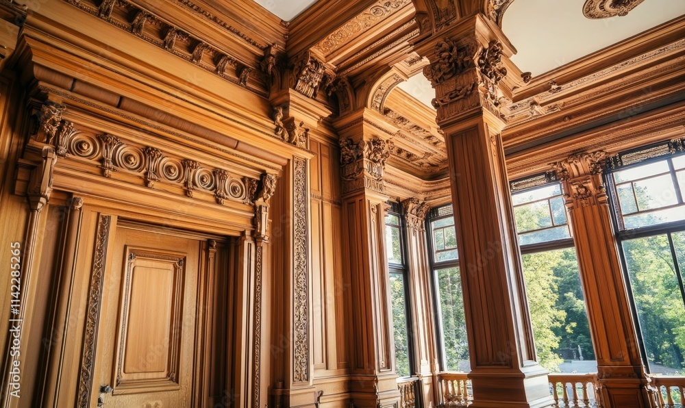 Obraz premium Ornate wooden room, intricate carvings, large windows.