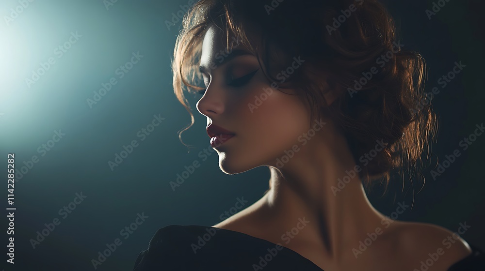 Glamorous female model in black evening dress, serene pose with soft lighting,