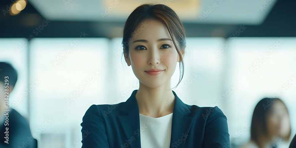 Japanese female manager standing confidently in an office, overseeing a meeting, smiling