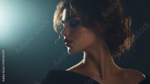 Obraz na płótnie Glamorous female model in black evening dress, serene pose with soft lighting, w salonie