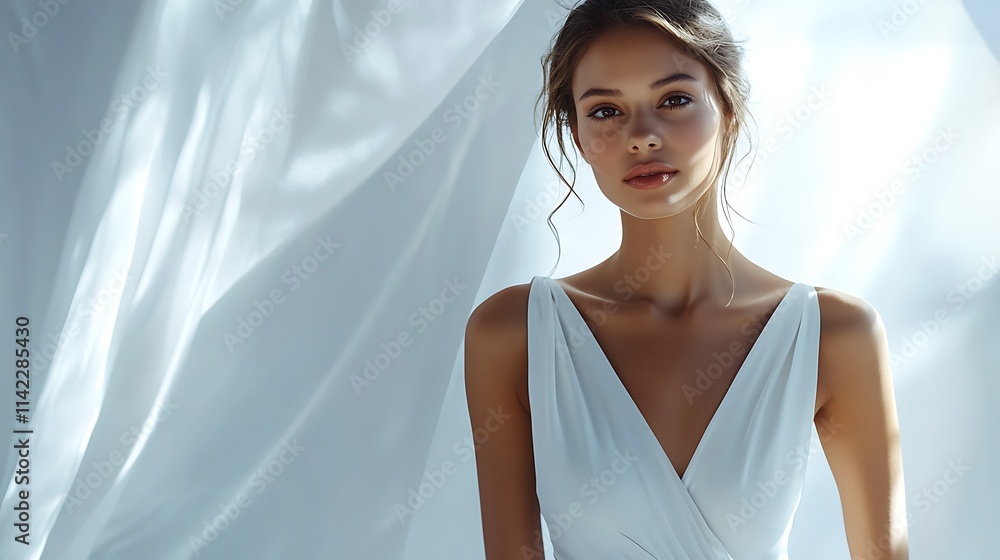 Female model in trendy, modern white dress with minimalist backdrop