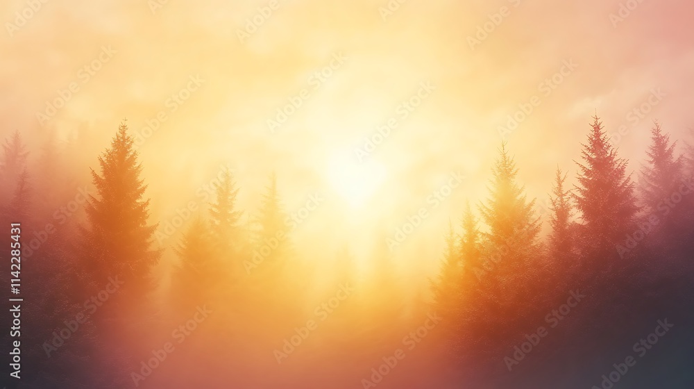 Dreamy sunset over a misty forest with trees fading into the background, warm light, and empty space for copy