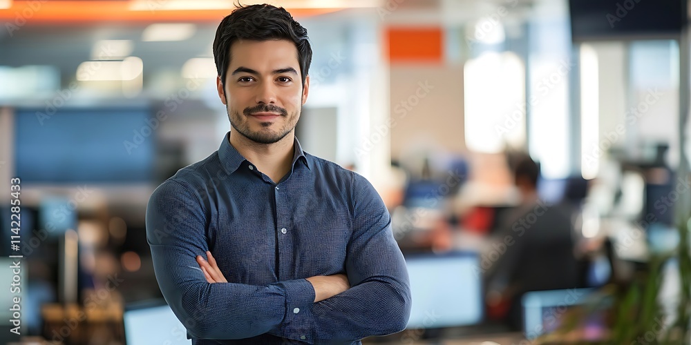 Journalist confidently standing in a news room, smiling with copy space