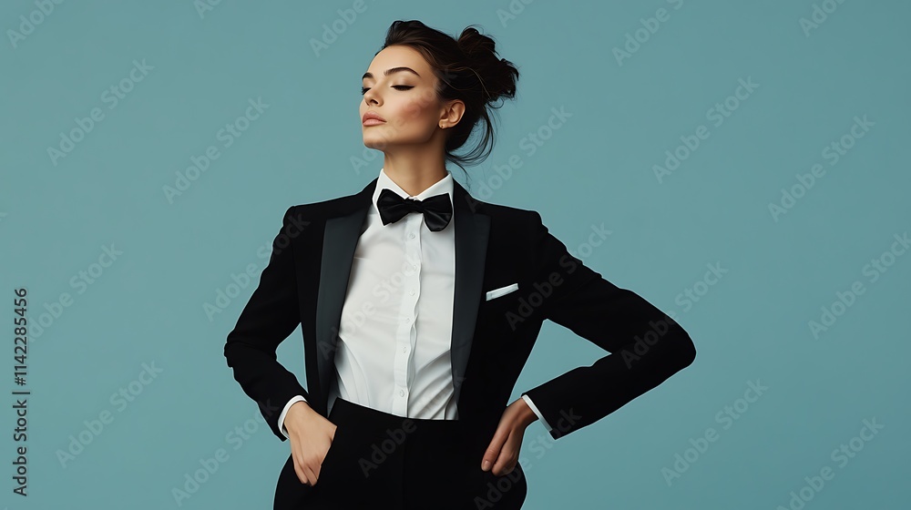 Confident female model in classic black tuxedo, strong pose with sharp studio lighting,
