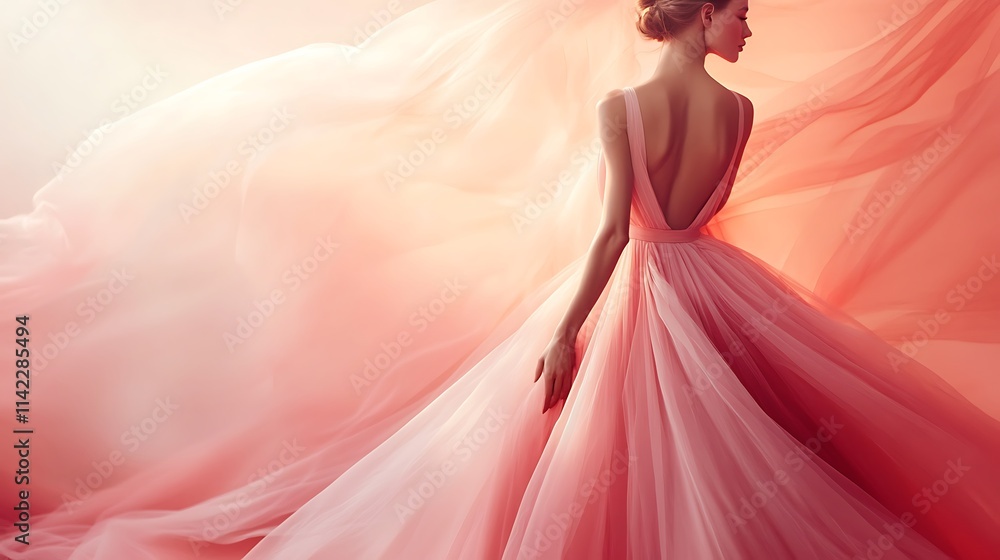 Female model in a romantic soft pink gown standing gracefully under soft, glowing lighting