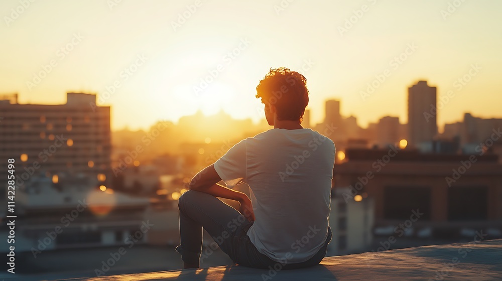 Male model sitting on a rooftop, enjoying the sunset in casual summer wear, exuding relaxation