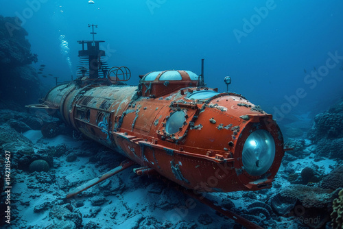 Beautiful large bathyscaphe floating in middle of ocean during exploration photo