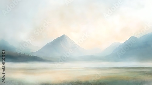 Obraz na płótnie Hazy mountain landscape with fog, light pastels, spacious foreground for copy, peaceful and calming w salonie