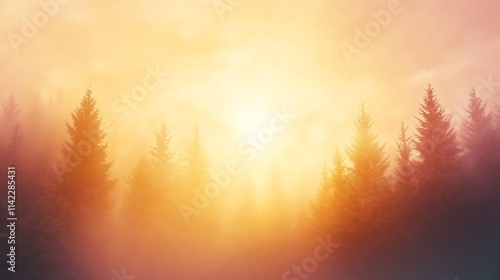 Obraz na płótnie Dreamy sunset over a misty forest with trees fading into the background, warm light, and empty space for copy w salonie