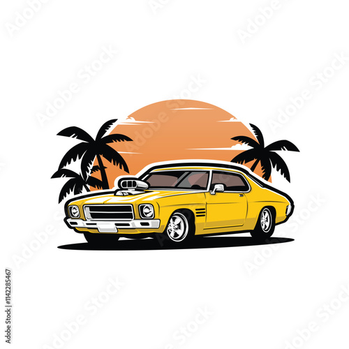 Australian Muscle Car in Beach Vector Art Illustration Isolated. Best for Automotive Tshirt Design