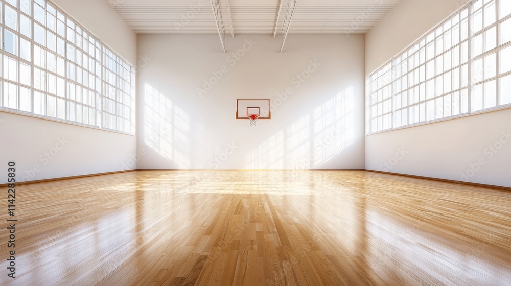 Fototapeta premium An indoor basketball court with polished wooden flooring and a basketball hoop.