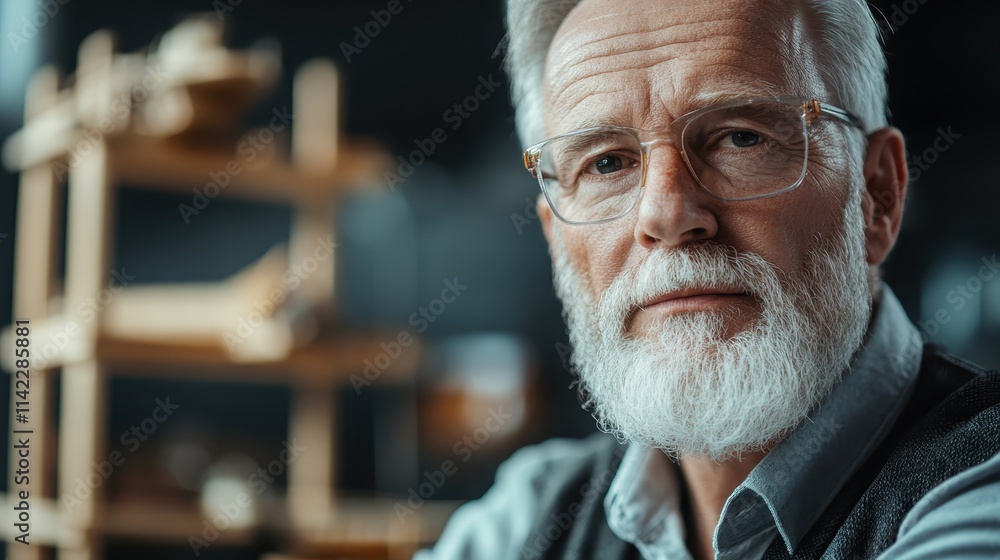 An elderly man with glasses and a white beard sits in a workshop, appearing thoughtful and wise, with wooden objects in the blurred background. An elderly man with glasses and a white beard sits in a workshop, appearing thoughtful and wise, with wooden objects in the blurred background.