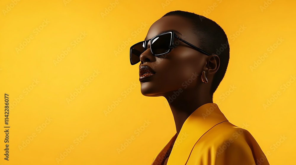Female model in bold asymmetrical fashion, posed under abstract studio lighting