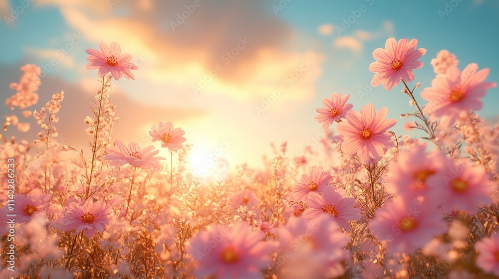 Sunset Serenity: A Field of Pink Cosmos Blossoms Sunset Serenity: A Field of Pink Cosmos Blossoms