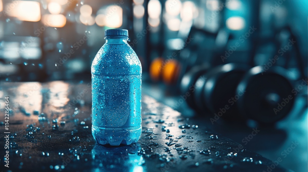 Refreshing hydration action close-up of water bottle in gym environment capturing fitness and wellness vibes Refreshing hydration action close-up of water bottle in gym environment capturing fitness and wellness vibes