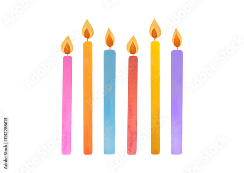 Birthday candle set. Watercolor hand drawn illustration, isolated on white background for greeting card, invitation to holiday, wedding, birthday, cake decoration for baby birth