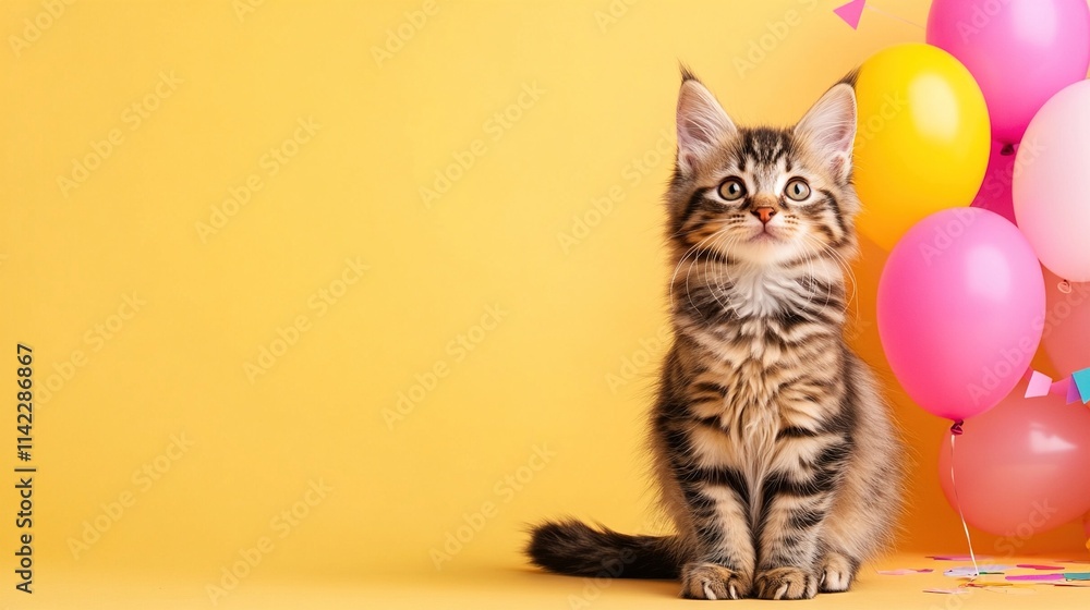 Cute, fluffy kitten sitting on a yellow background with colorful balloons and confetti, a birthday party concept, happy birthday greeting card. Cute, fluffy kitten sitting on a yellow background with colorful balloons and confetti, a birthday party concept, happy birthday greeting card.