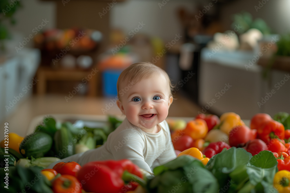 Fototapeta premium Joyful Baby Surrounded by Fresh Vegetables