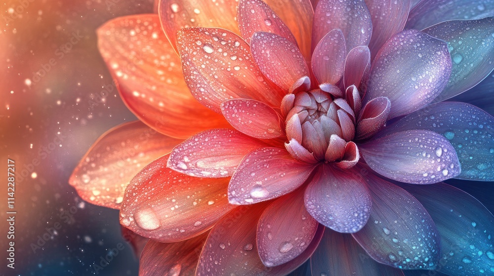 A vibrant close-up of a blooming flower with delicate petals glistening with fresh water droplets, showcasing the intricate details and colors against a soft-focus background. A vibrant close-up of a blooming flower with delicate petals glistening with fresh water droplets, showcasing the intricate details and colors against a soft-focus background.
