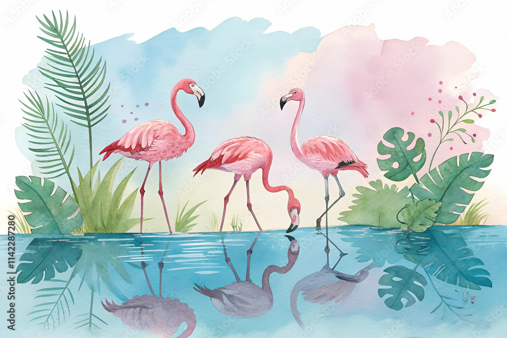 Fototapeta premium Three pink flamingos stand gracefully by a serene water body, surrounded by lush greenery and soft pastel colors in a tranquil, artistic scene.