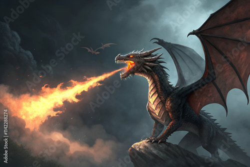A fierce dragon breathes fire against a dark, stormy sky, showcasing its powerful presence and mythical allure.