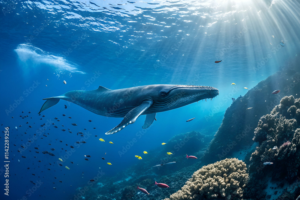 Fototapeta premium A majestic whale swims gracefully through clear blue waters, surrounded by vibrant coral reefs and colorful fish, illuminated by sun rays.