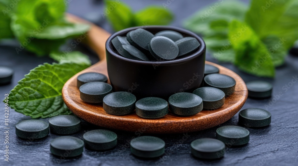 Dark green spirulina tablets in a small wooden bowl on a dark stone surface, surrounded by fresh green mint leaves. Healthy supplement concept.. Dark green spirulina tablets in a small wooden bowl on a dark stone surface, surrounded by fresh green mint leaves. Healthy supplement concept..