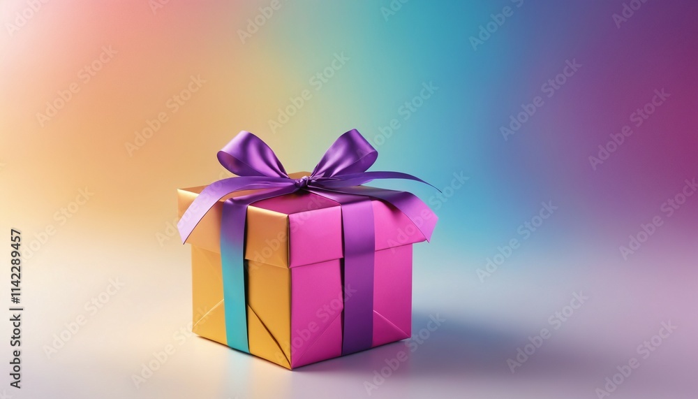Brightly wrapped gift box with copy space on blurred gradient Brightly wrapped gift box with copy space on blurred gradient