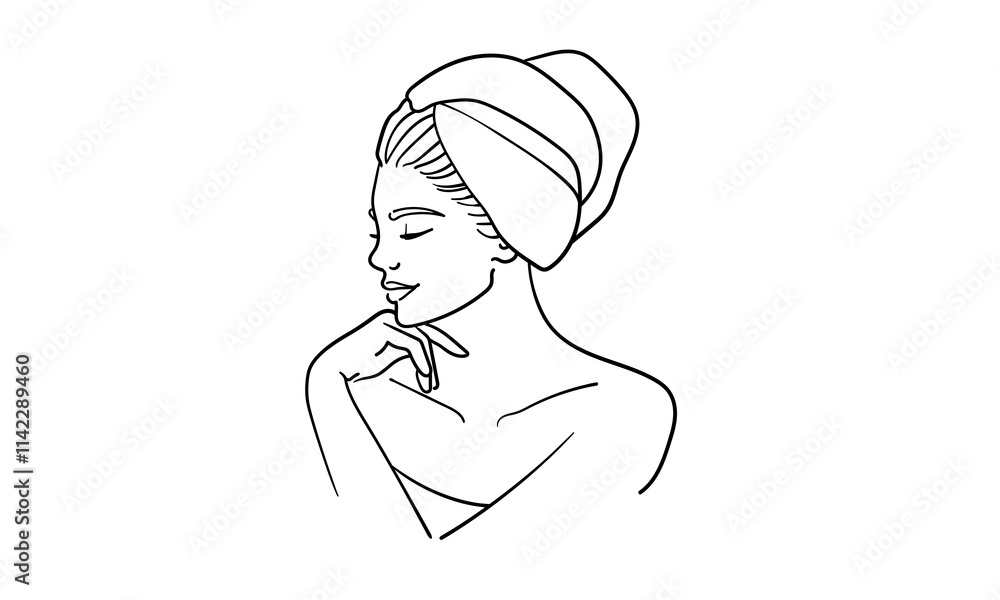 Elegant woman in spa salon continuous line art drawing isolated on white background. Self care and beauty. Vector illustration Elegant woman in spa salon continuous line art drawing isolated on white background. Self care and beauty. Vector illustration