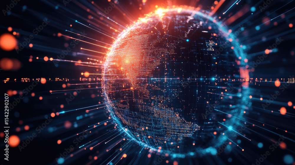 A stylized glowing globe surrounded by rotating binary streams and connection nodes, side view, showing the interplay of global data exchange, cybernetic tone, colored pastel A stylized glowing globe surrounded by rotating binary streams and connection nodes, side view, showing the interplay of global data exchange, cybernetic tone, colored pastel