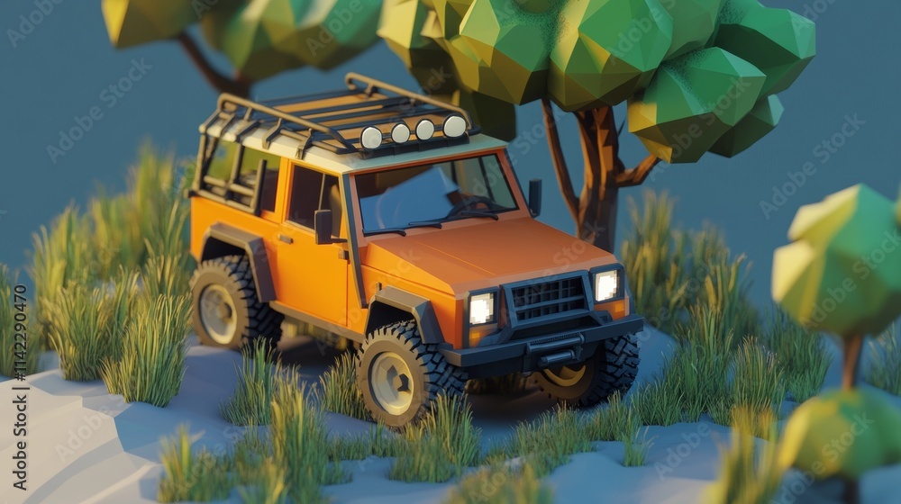 Fototapeta premium Orange offroad car exploring wild polygonal nature