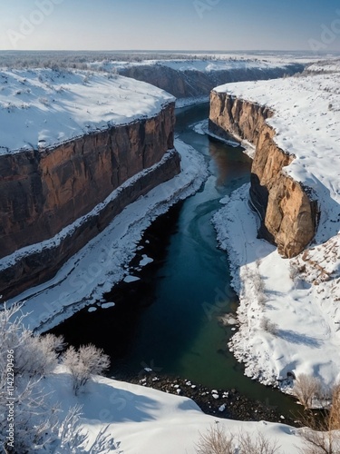 Winter canyon of the Kurdzhips river, Russia, snow-covered and serene. photo