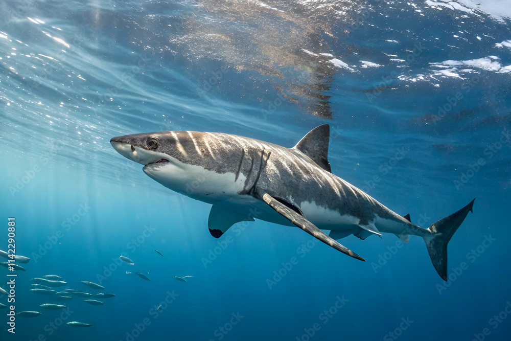 Fototapeta premium A majestic shark swimming gracefully through clear blue waters, showcasing its sleek body and powerful fins.