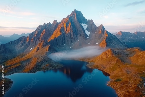 Majestic mountain landscape at sunrise with calm lake and foggy reflections in a remote wilderness area. Generative AI