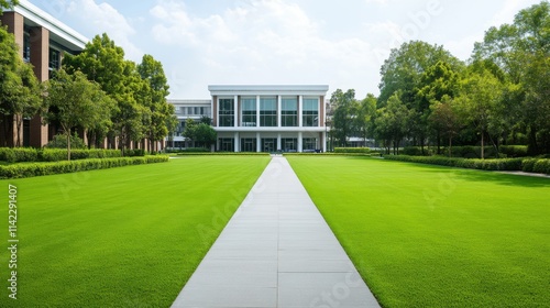 Serene Green Landscape with Pathway Leading to Modern Building Surrounded by Lush Trees and Grass