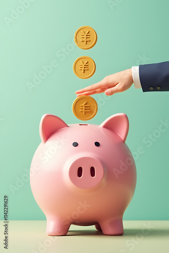Money saving and investment concepts are often represented by a piggy bank or monetary icons like dollars or yuans in business economics._00002_