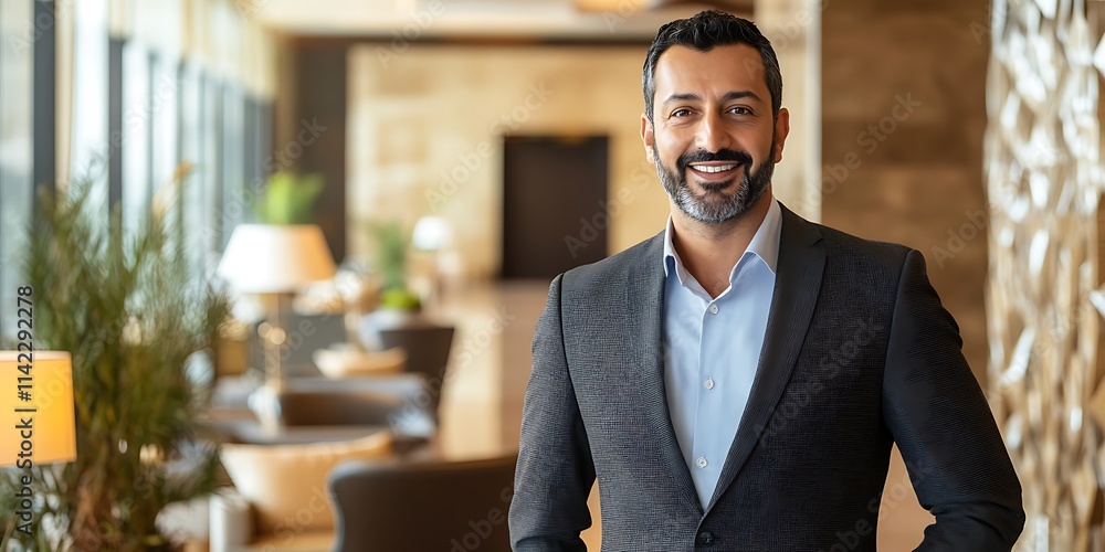 Portrait of a male executive standing proudly in a luxurious office, looking confident and successful, smiling
